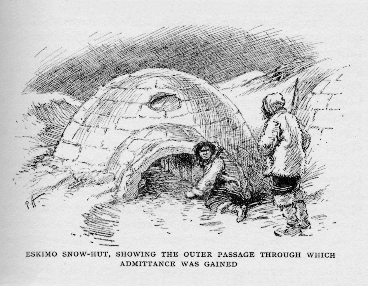 Eskimo-Schneehütte, die den äußeren Durchgang zeigt, durch den der Zutritt gewährt wurde, ca. 1927, 1928 von Unbekannt