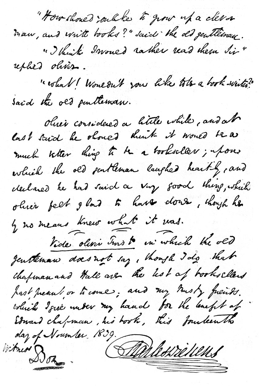 Faksimile der Inschrift in einer Kopie von Die Pickwickier, 1839, 1912 von Unbekannt