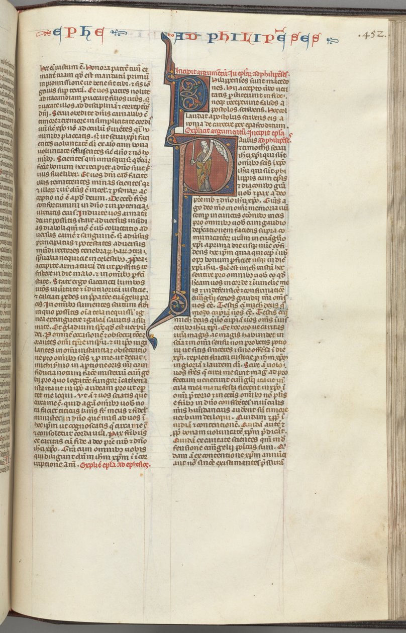 Fol. 452r, Philipper, historisierte Initiale P, Paulus mit einem Schwert und einer Schriftrolle, spricht zu t von Unbekannt