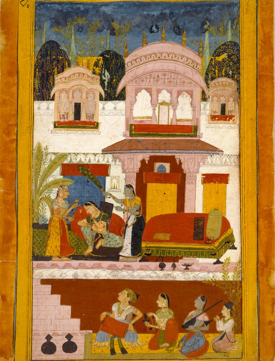 Verlassene Dame mit Dienerinnen, Darstellung des musikalischen Modus Patamanjari Ragini, 1695-1700 von Unbekannt
