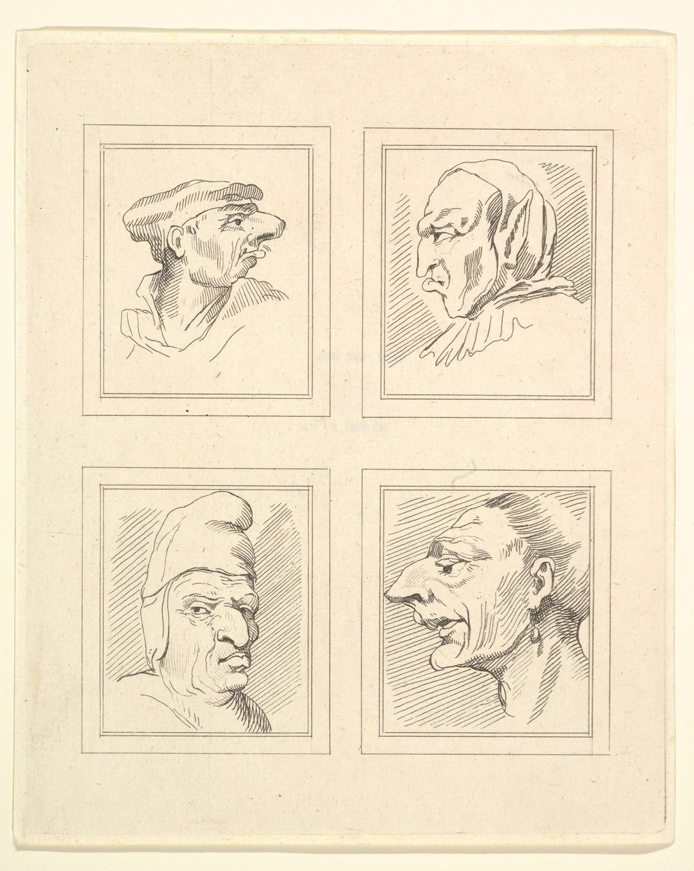 Vier Köpfe aus Karikaturen von Leonardo da Vinci, nach Zeichnungen von Wenzel Hollar, 1786 von Unbekannt