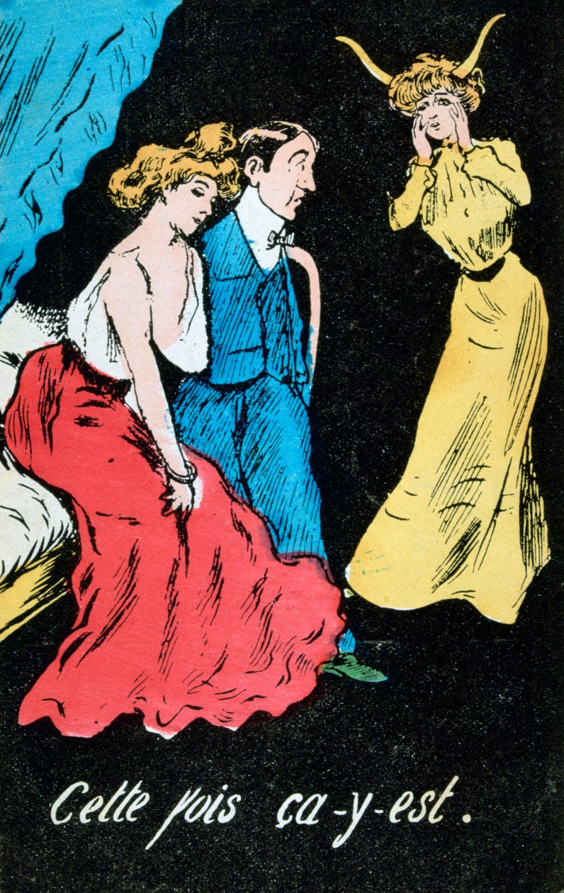 Französische Ehebruch-Karikatur-Postkarte, um 1900 von Unbekannt