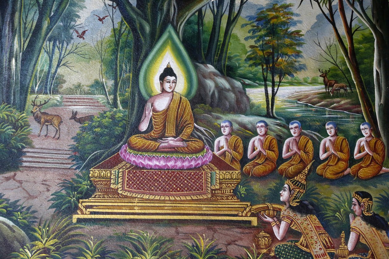 Fresko, das Buddha mit Anhängern darstellt, Wat Chiang Mun, Chiang Mai, Thailand von Unbekannt