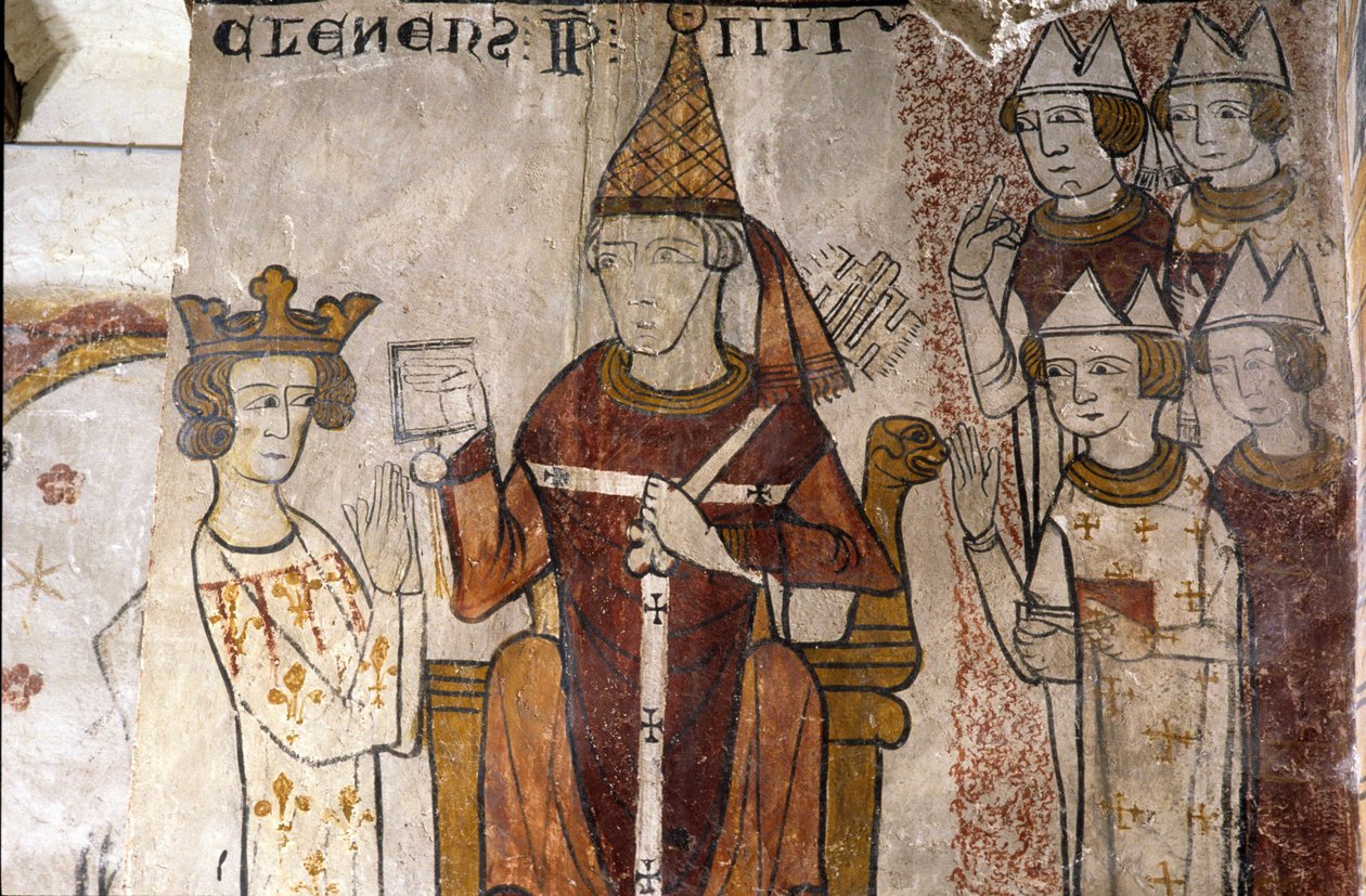 Fresko des Ferrande-Turms in Pernes-les-Fontaines (Pernes les Fontaines, Vaucluse (84)) aus dem 13. Jahrhundert: Karl I. von Anjou (1226-1285) wurde am 28.06.1265 von Papst Clemens IV. (ca. 1195-1268) im Königreich Sizilien investiert. von Unbekannt