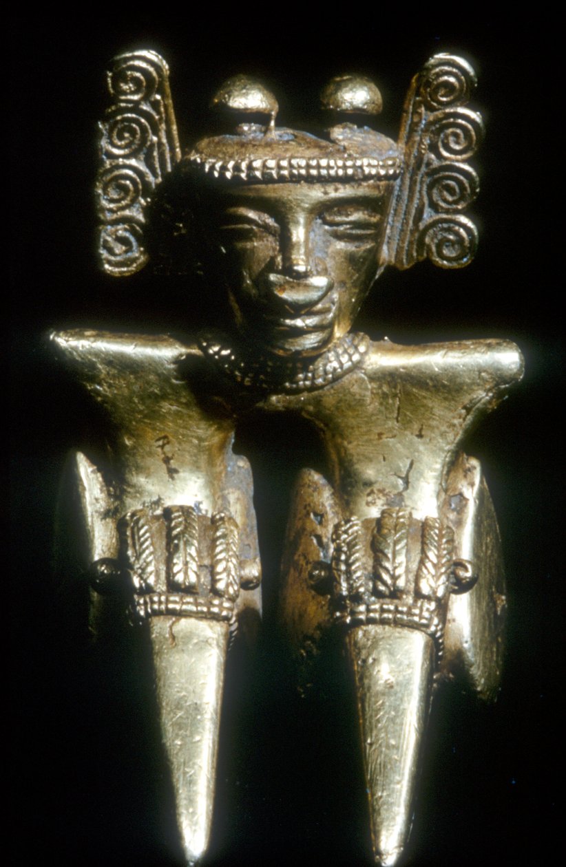 Goldene präkolumbianische sitzende Figur, Quimbaya, Kolumbien, vor dem 14.-15. Jahrhundert von Unbekannt