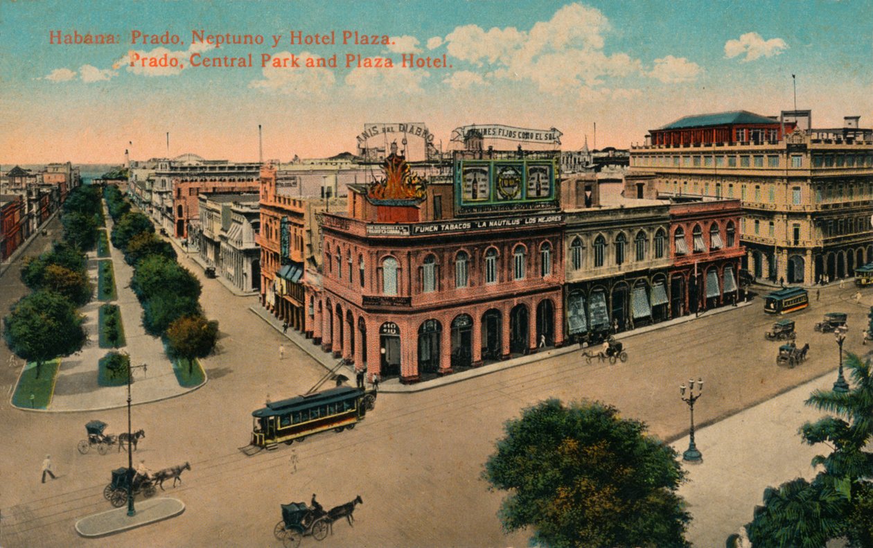 Habana: Prado, Neptuno und Hotel Plaza. Prado, Zentralpark und Plaza Hotel, ca. 1910 von Unbekannt