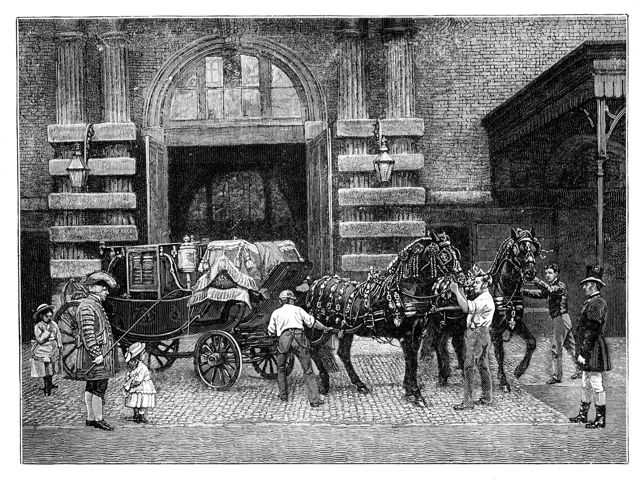 Anspannen der schwarzen Pferde in den königlichen Stallungen, Buckingham Palace, London, um 1888 von Unbekannt