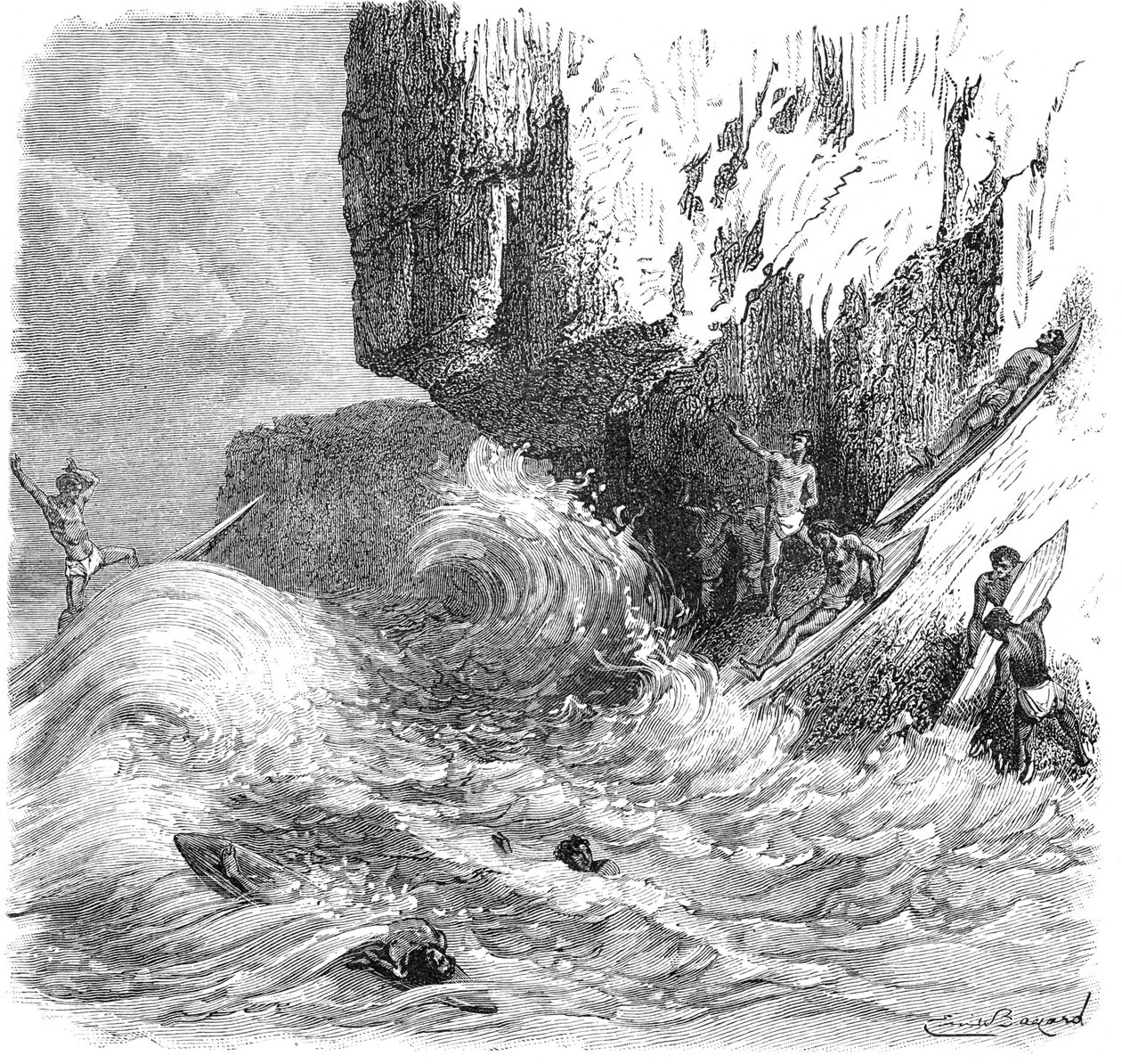 Hawaiianische Männer surfen mit Holzbrett, um 1895 von Unbekannt