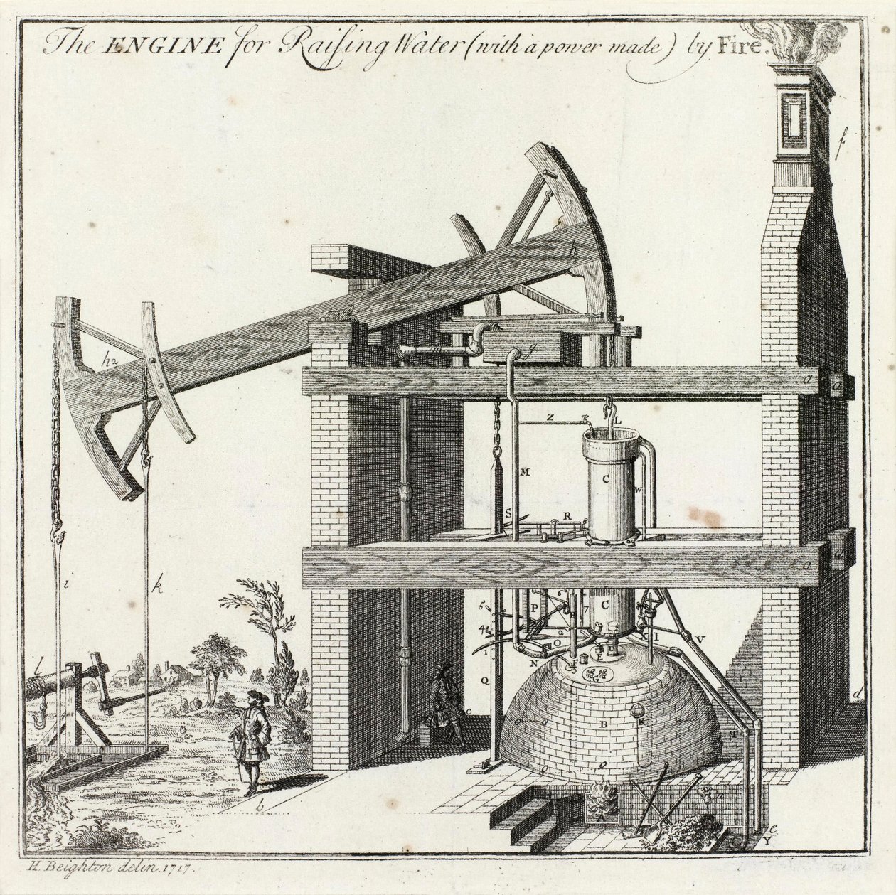 Henry Beightons Gravur der Newcomen-Maschine in Griff von Unbekannt