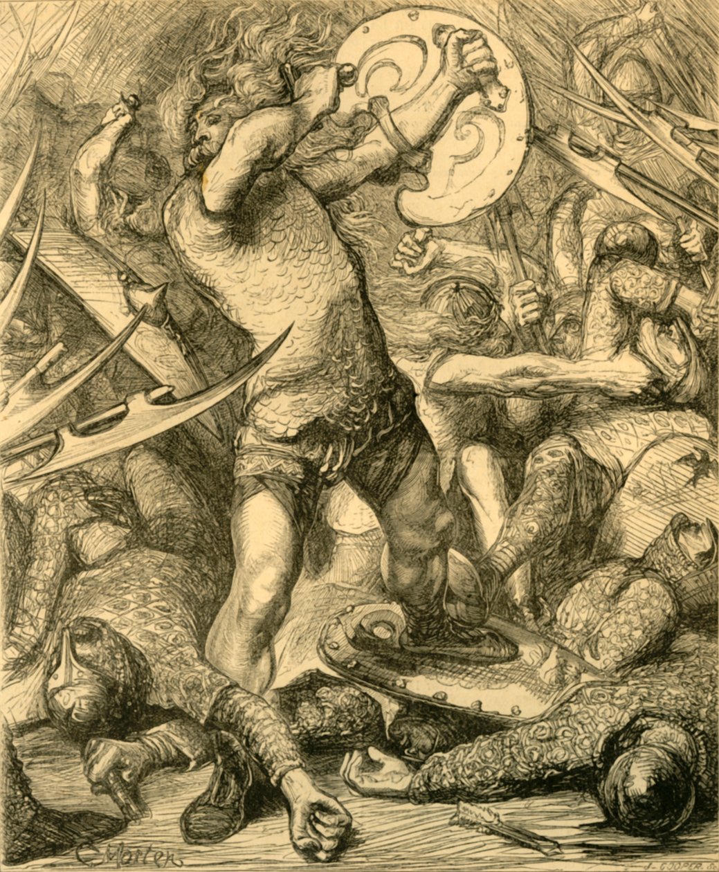 Hereward kämpft sich durch das normannische Heer, um 1890 von Unbekannt