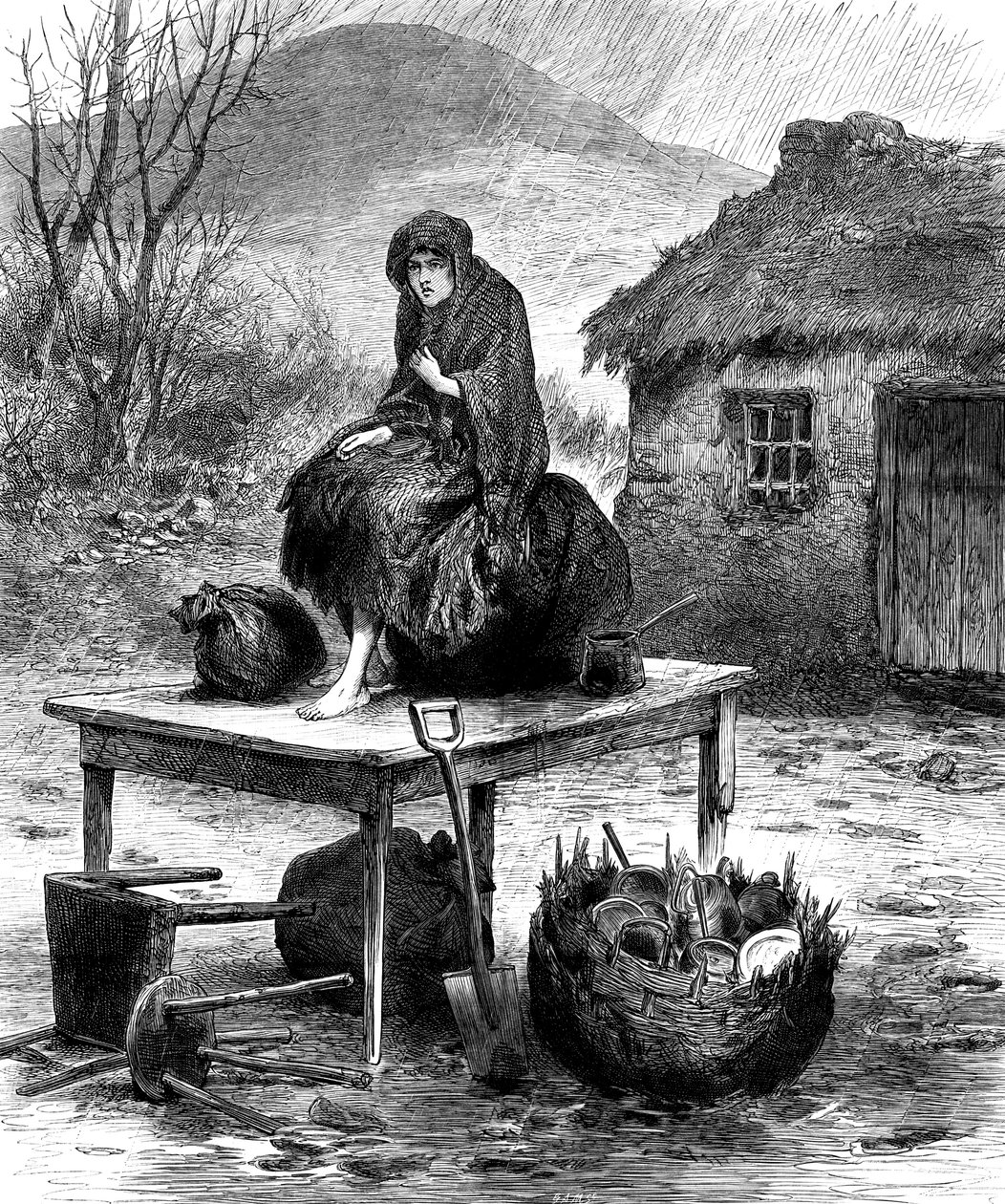 Irisches Bauernmädchen bewacht die letzten Besitztümer der Familie, 1886 von Unbekannt