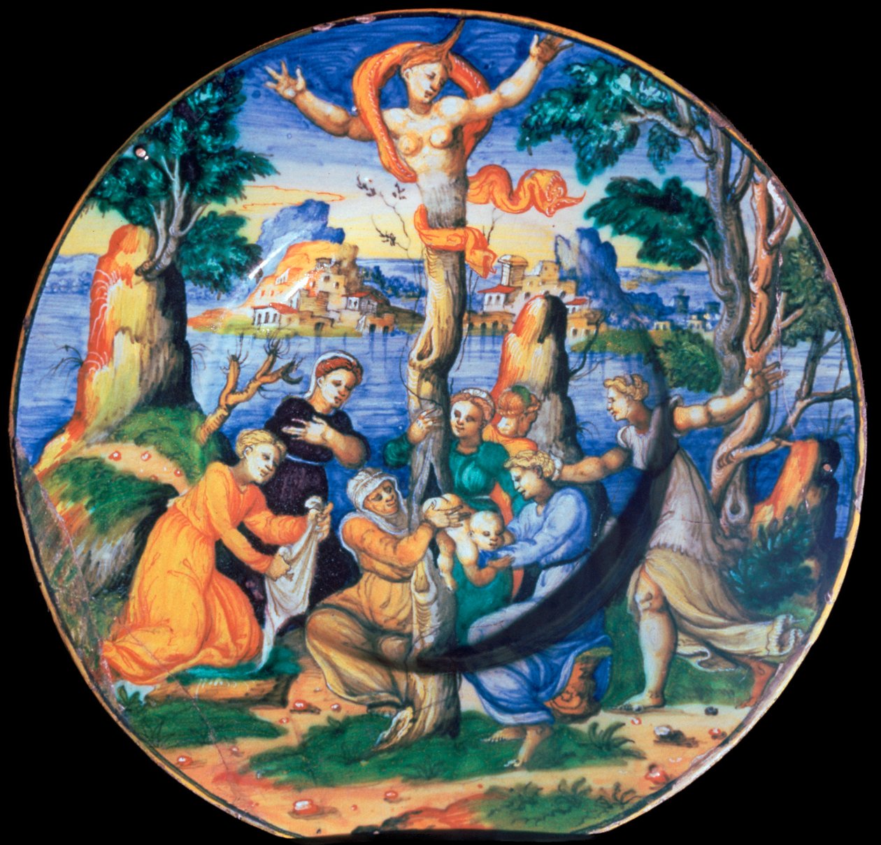 Italienischer Irdenware-Teller, der die Geburt des Adonis zeigt, ca. 16. Jahrhundert von Unbekannt