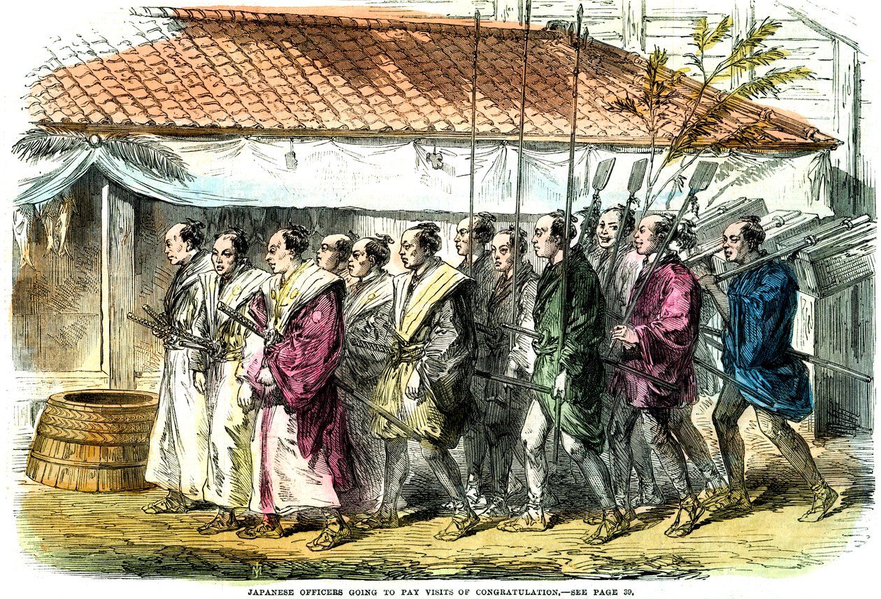 Japanische Offiziere gehen zu Gratulationsbesuchen, Japan, 1865 von Unbekannt