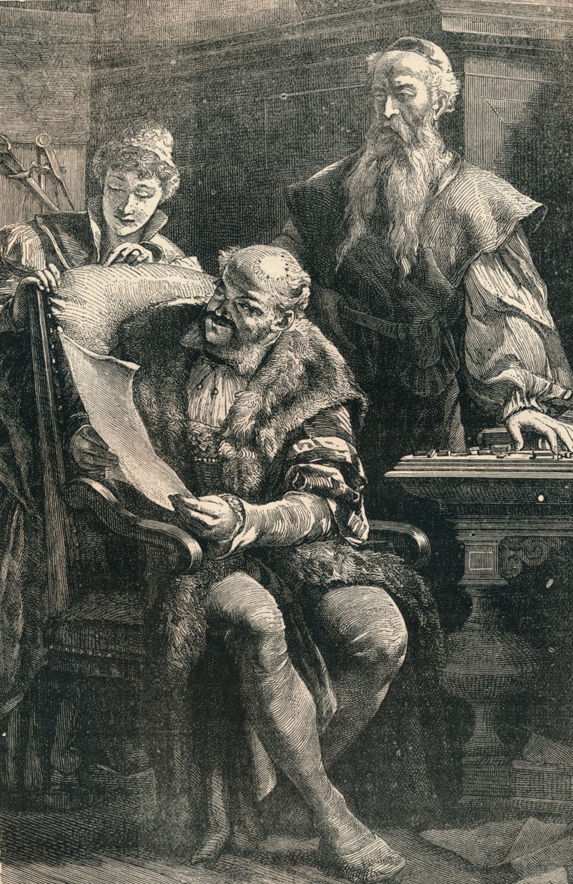 Johannes Gutenberg zeigt Faust einen Teil des ersten gedruckten Buches von Unbekannt