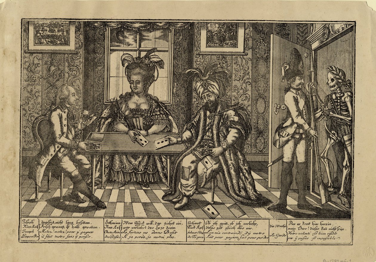 Joseph II., Katharina die Große und Sultan Abdul Hamid I. spielen Karten, ca. 1780 von Unbekannt