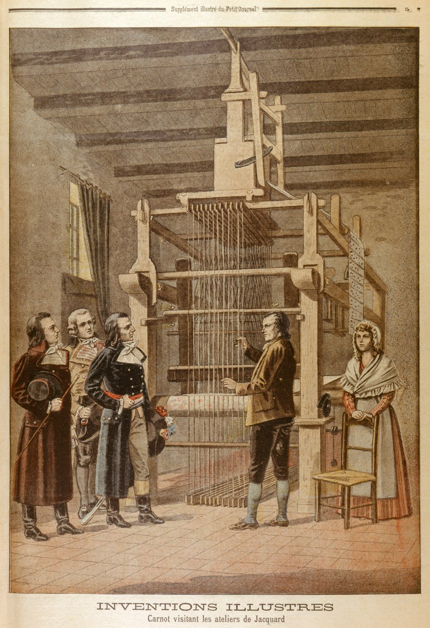 Joseph Marie Jacquard zeigt seinen Webstuhl Lazare Carnot, Lyon, Frankreich, 1801 von Unbekannt