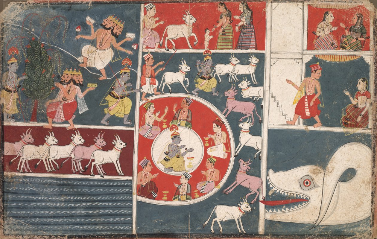 Krishna spielt die Flöte und andere Episoden aus dem Bhagavata Purana, um 1650 von Unbekannt
