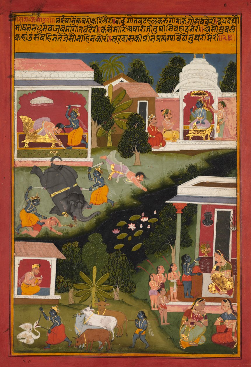 Krishna als Dämonenzerstörer, Seite aus Surdass Sursagar, um 1700 von Unbekannt