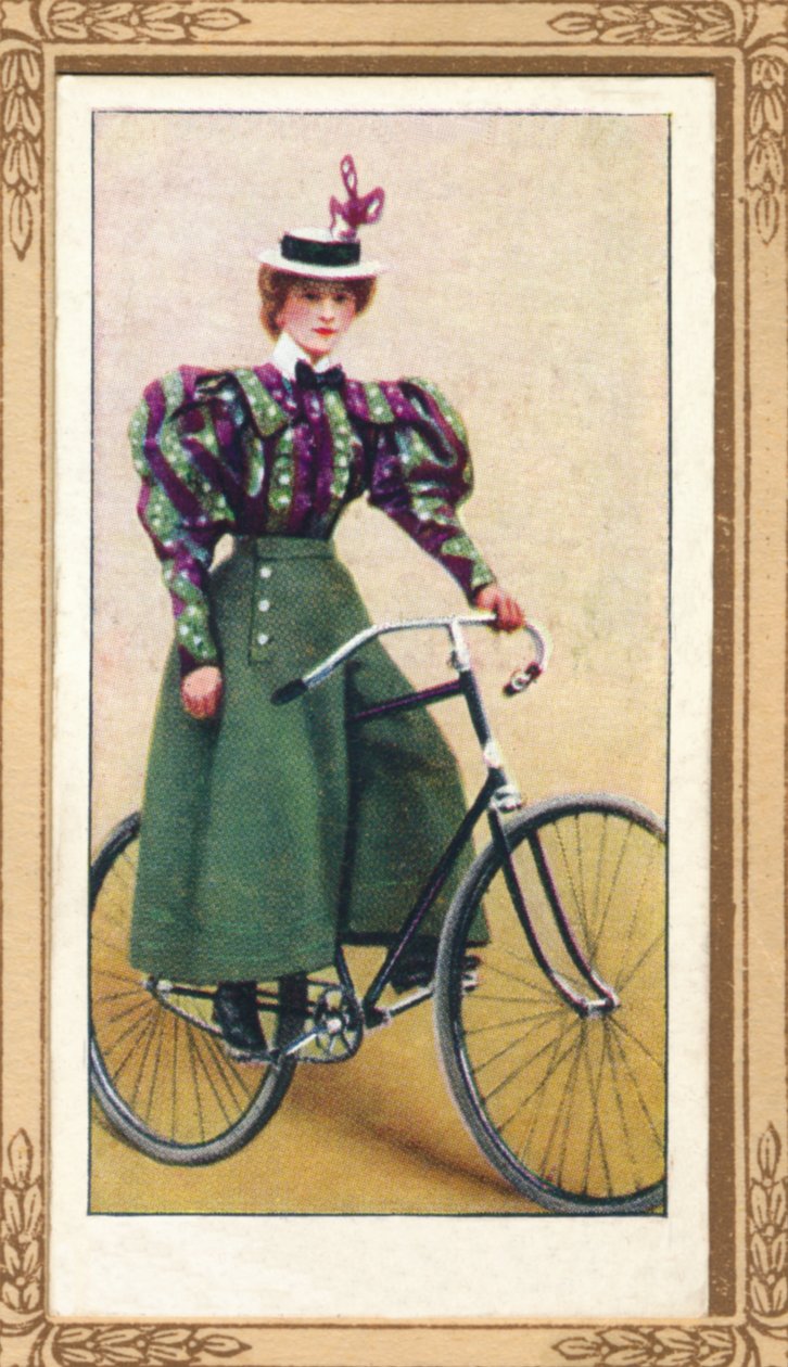 Dame auf Fahrrad mit geteiltem Rock, 1939 von Unbekannt