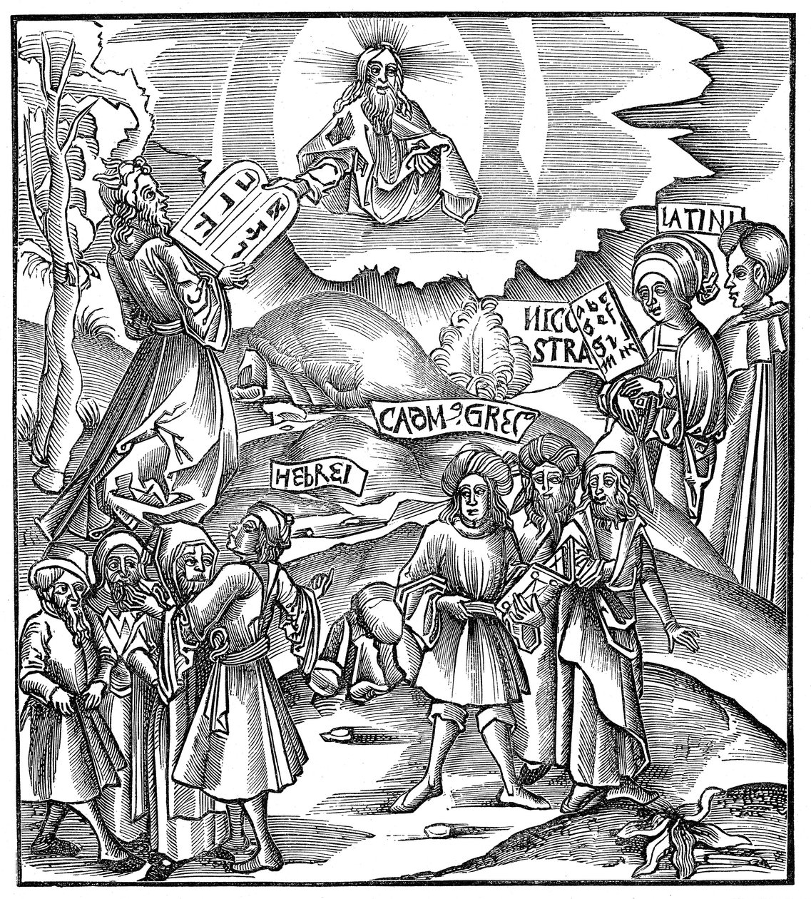 Sprachen: Moses empfängt von Gott die Gesetzestafeln auf Hebräisch, 1512 von Unbekannt