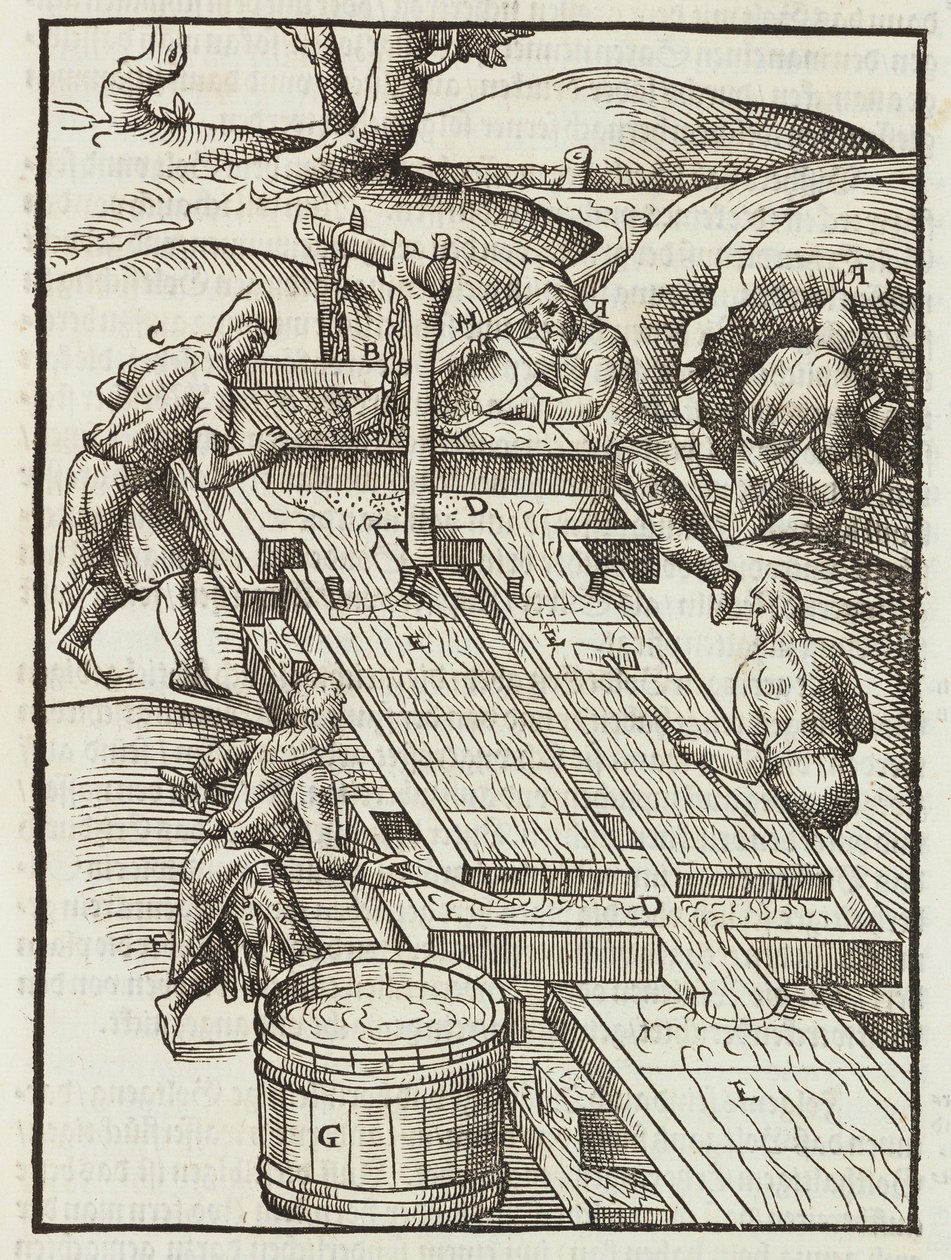 Waschen des Golderzes in mit Wasser gefüllten Holzschalen - Gravur aus Beschreibung der Erze und der wichtigsten Bergbaumethoden, von Lazarus Ecker von Unbekannt