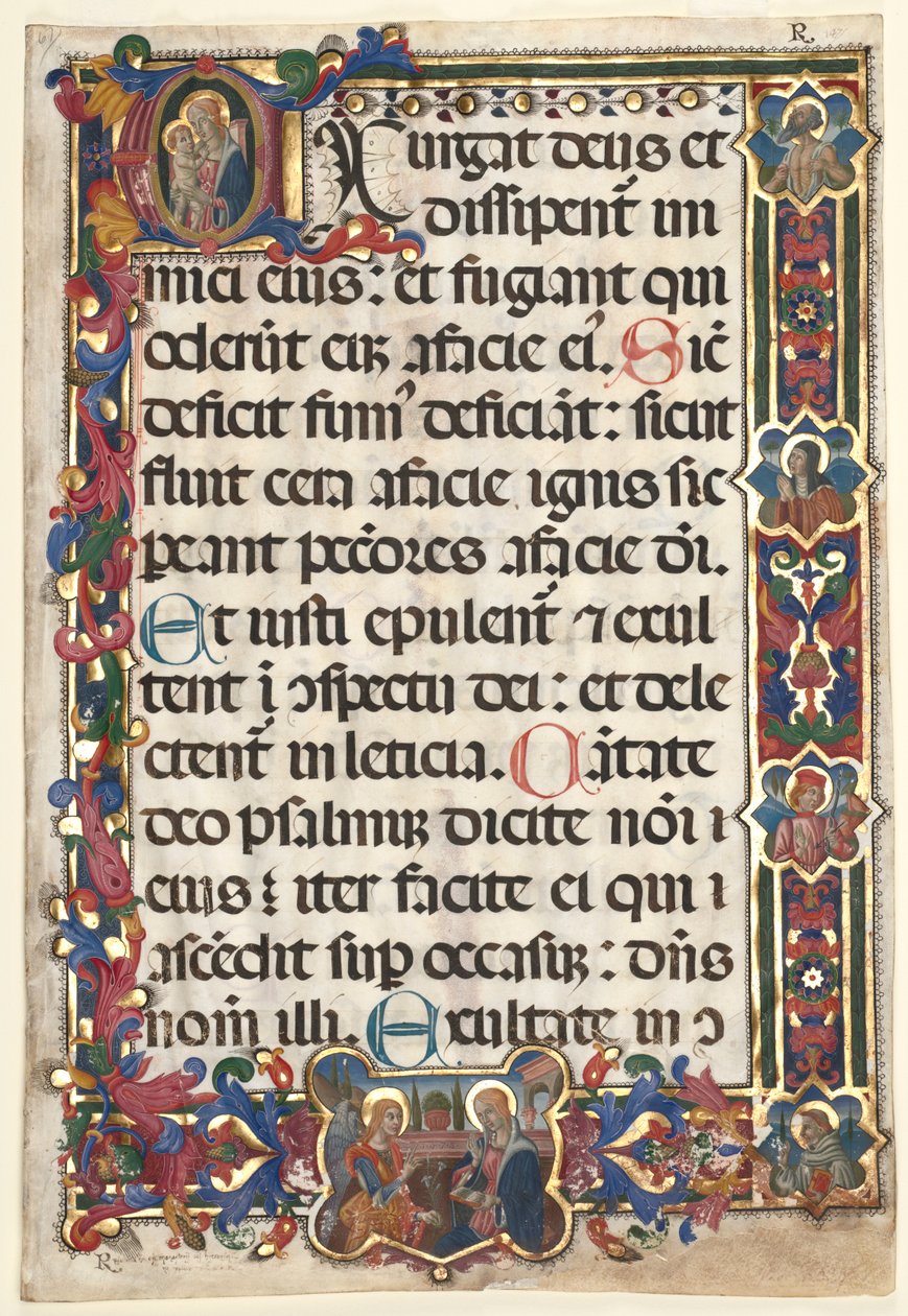 Blatt aus einem Psalter mit vollständigem Rand mit Medaillons Verkündigung, SS. Jerome, Clare..., 1475 von Unbekannt