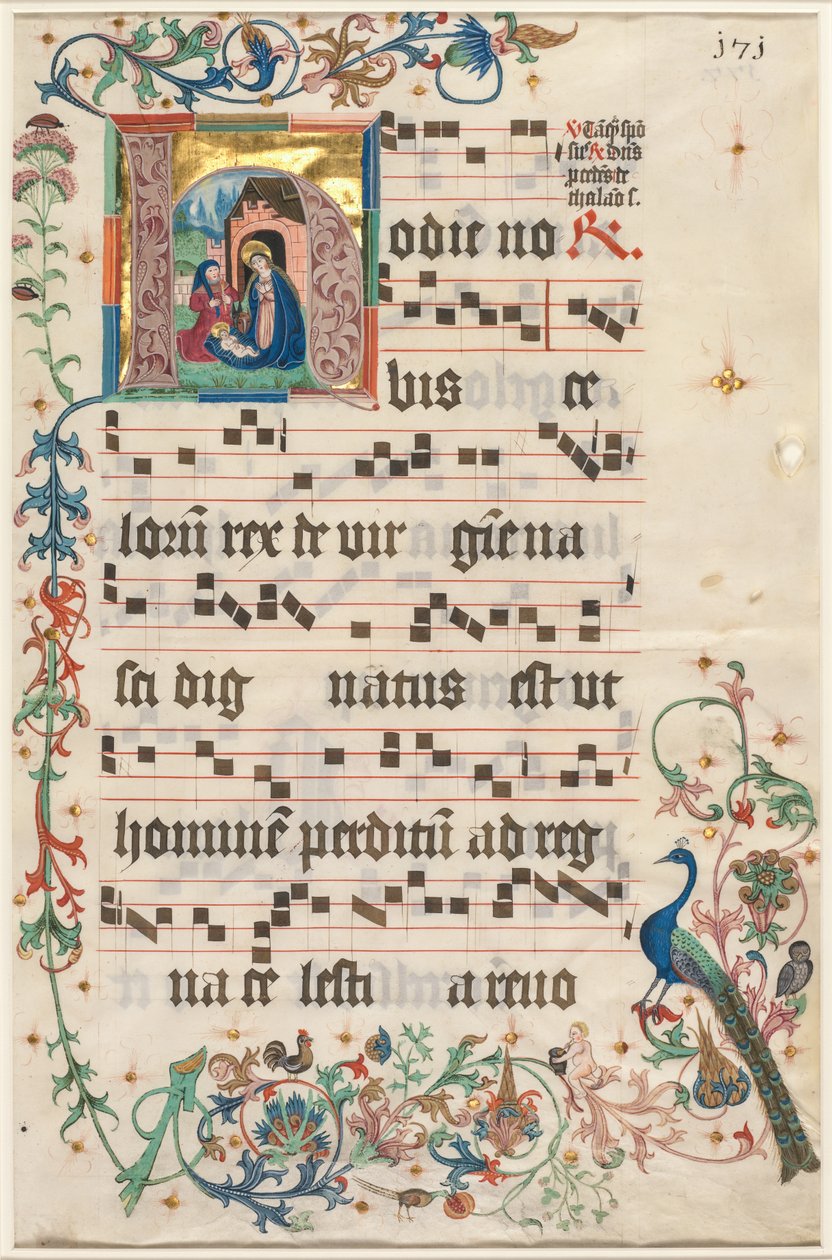 Blatt aus einem Antiphonar: Initiale H mit der Geburt Christi recto und Text verso, ca. 1480 von Unbekannt