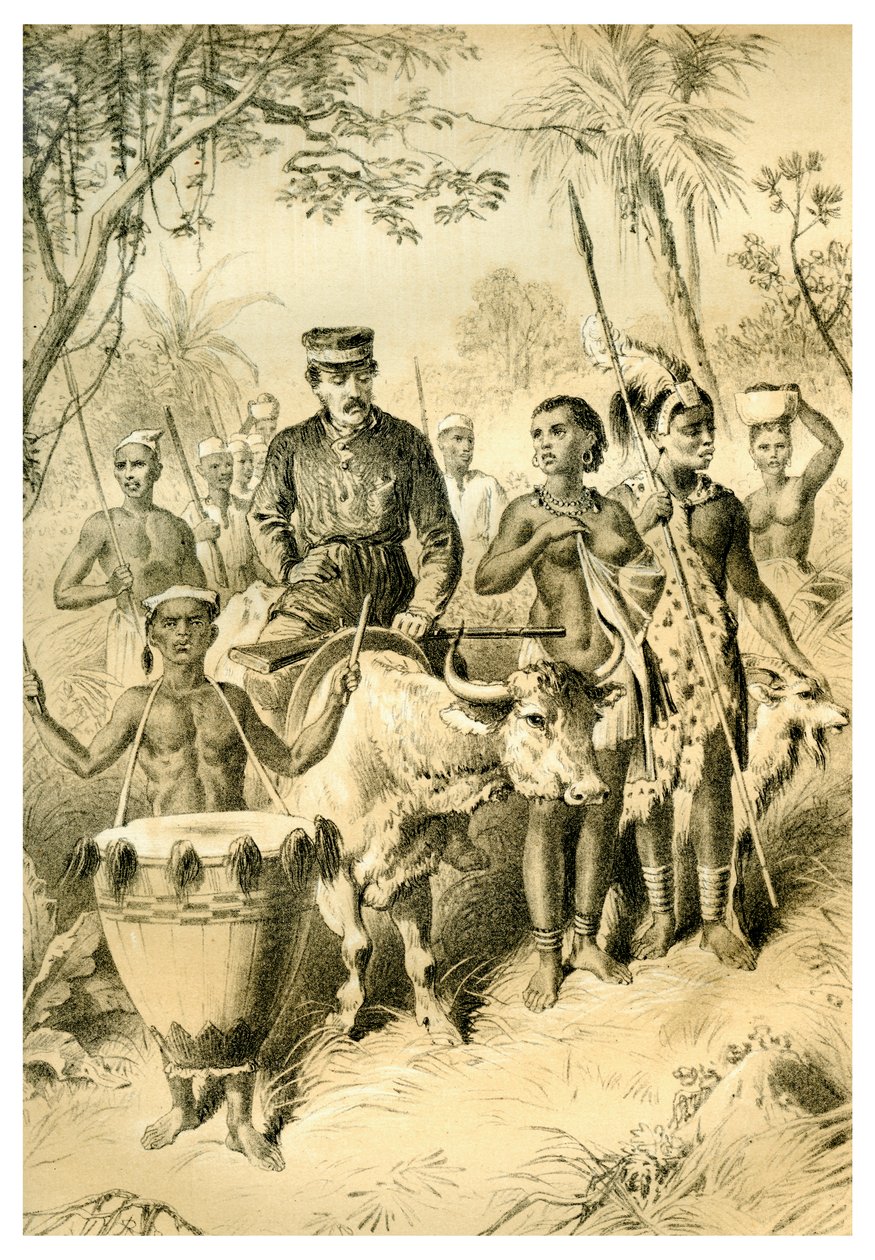 Livingstone, geschwächt durch Fieber, eskortiert nach Shintes Stadt, ca. 1854, 1883 von Unbekannt