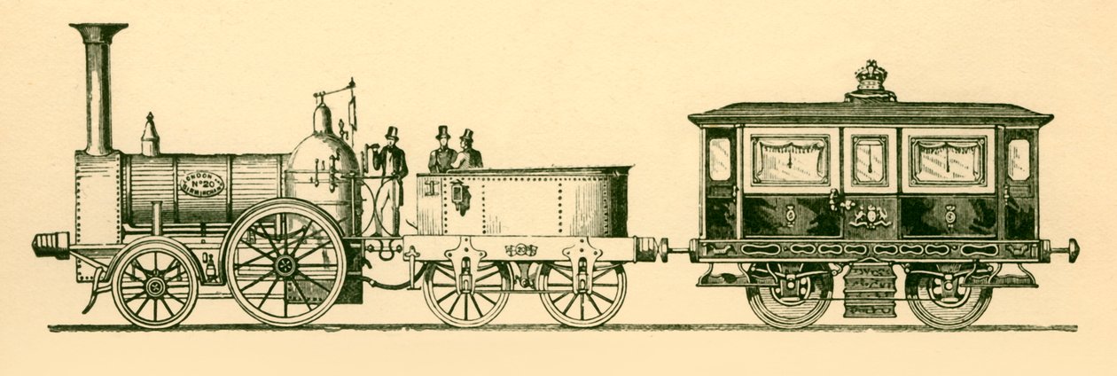 Lokomotive und königlicher Salon, London und Birmingham Railway, 1843, 1930 von Unbekannt