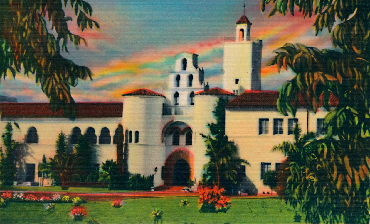 Haupteingang. Verwaltungsgebäude, Staatsuniversität. San Diego, Kalifornien, um 1941 von Unbekannt