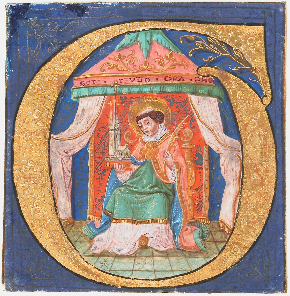 Manuskriptillumination mit St. Trudo Trond in einem Initial O, aus einem Chorbuch, 15. Jahrhundert von Unbekannt