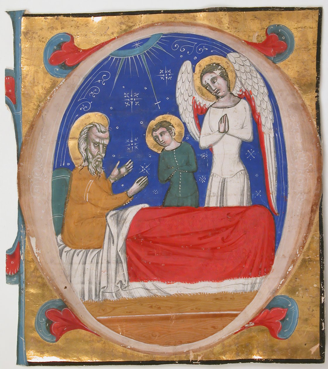 Manuskript-Illumination mit Tobit, Tobias und dem Erzengel Raphael in einem Initial O von Unbekannt