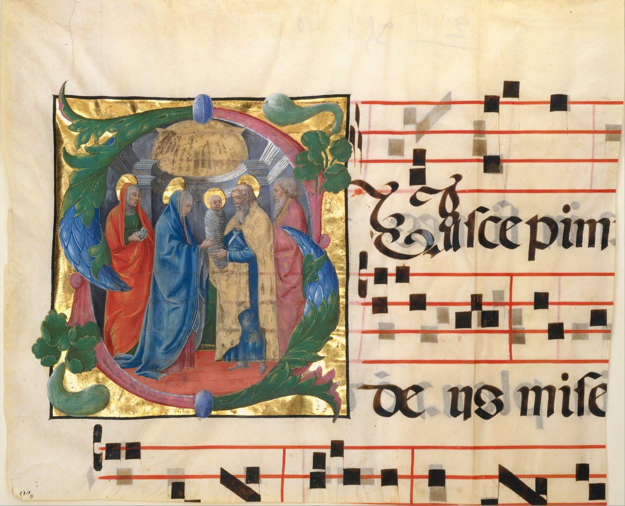 Manuskript-Illumination mit der Darstellung im Tempel in einem Initial S, aus einem Graduale, 1450-60 von Unbekannt