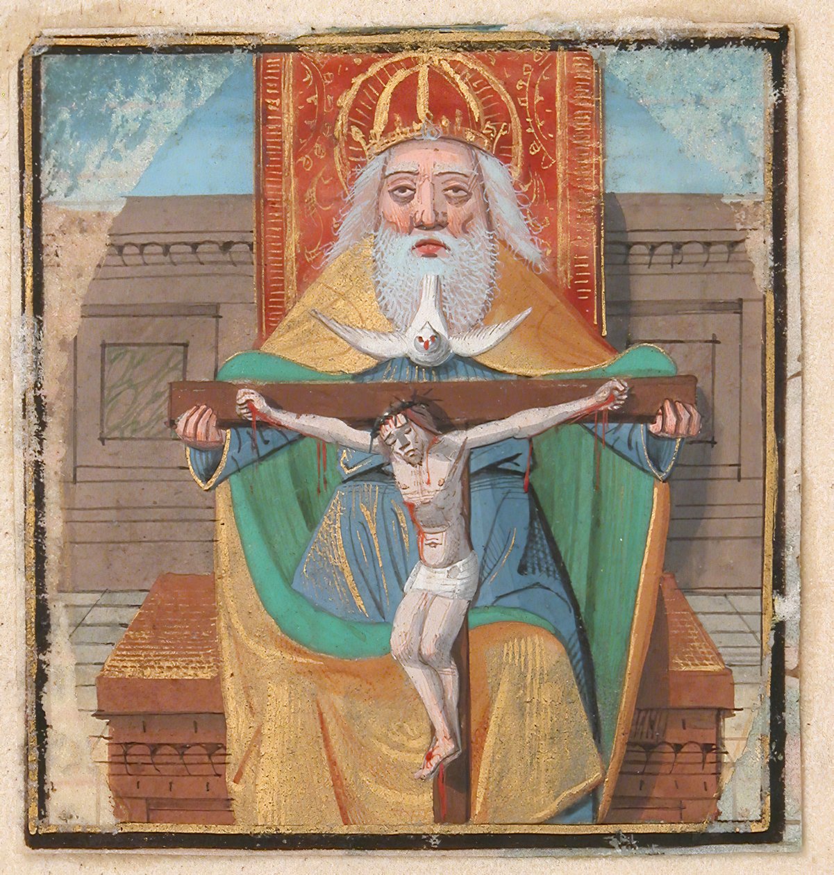 Manuskript-Illumination mit der Dreifaltigkeit, aus einem Stundenbuch, spätes 15. Jahrhundert von Unbekannt
