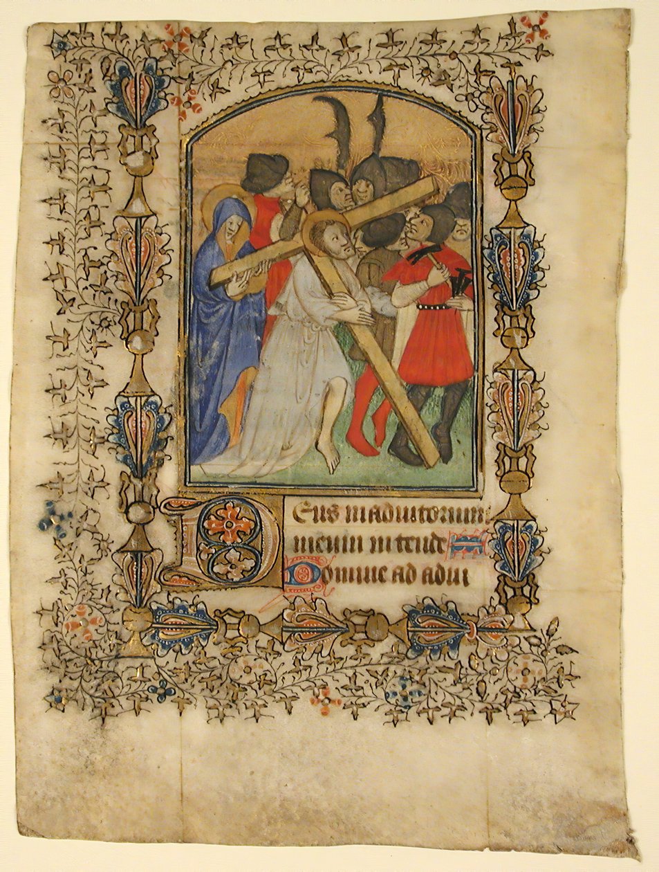 Manuskriptblatt aus einem Stundenbuch... Illuminierte Initiale D und Christus trägt das Kreuz, 1390-140 von Unbekannt