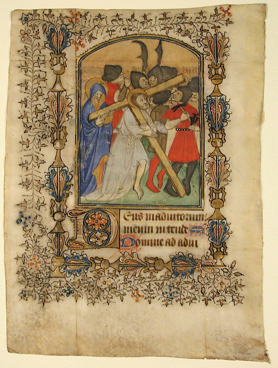 Manuskriptblatt aus einem Stundenbuch mit einer illuminierten Initiale D und Christus..., 1390-1400 von Unbekannt