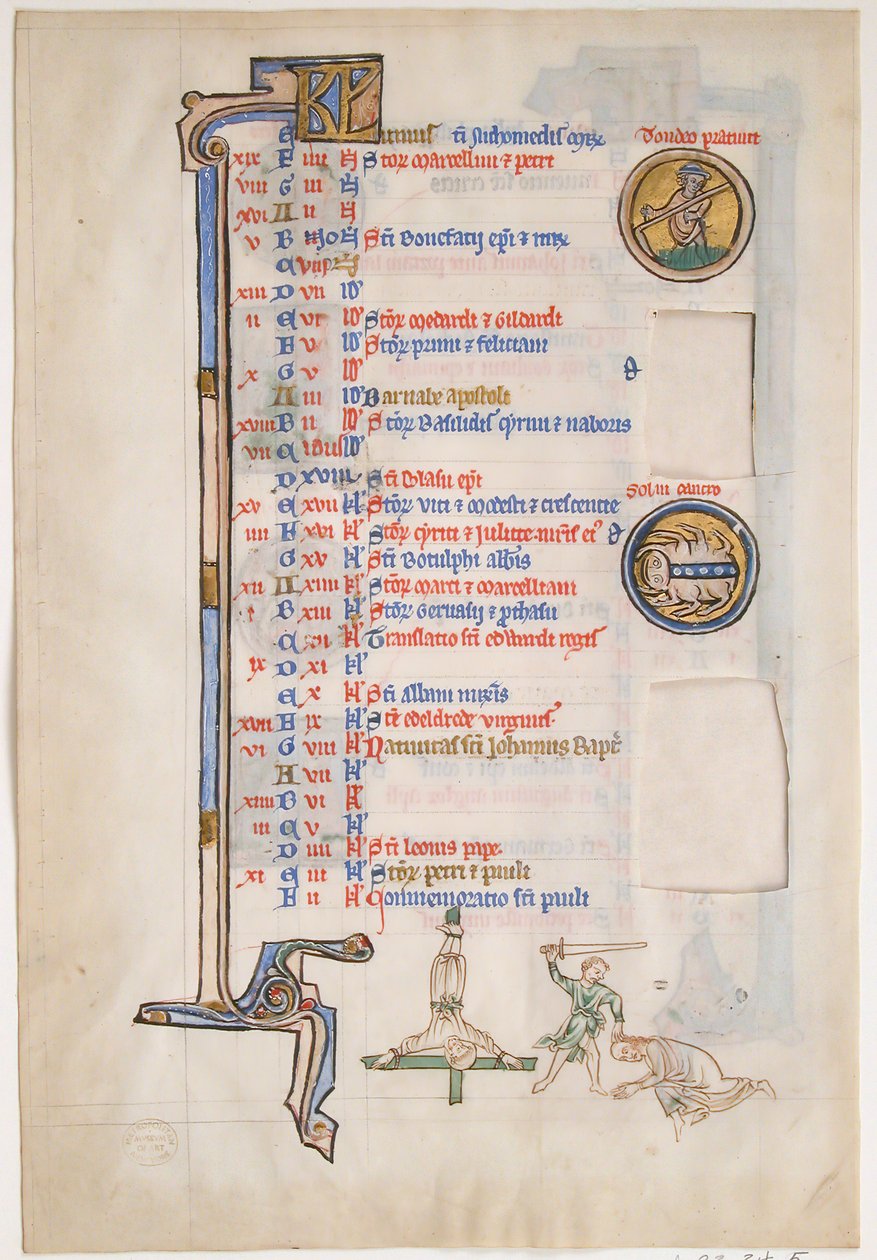 Manuskriptblatt mit Juni-Kalender, aus einem königlichen Psalter, britisch, 13. Jahrhundert von Unbekannt