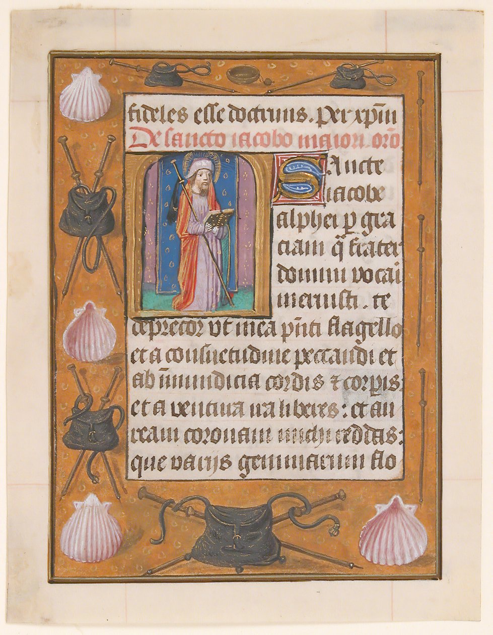 Manuskriptblatt mit dem Heiligen Jakobus dem Älteren, aus einem Stundenbuch, ca. 1500 von Unbekannt
