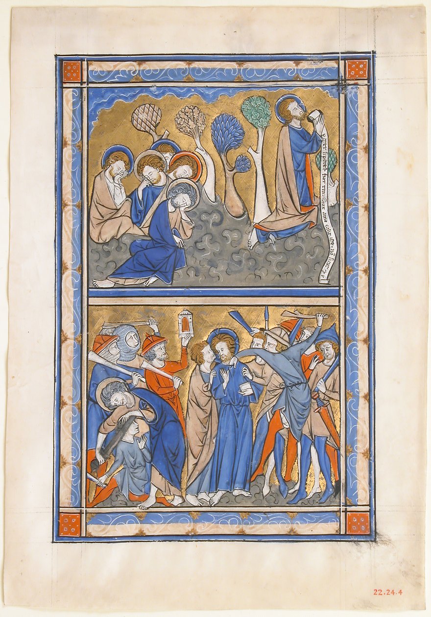 Manuskriptblatt mit der Agonie im Garten und dem Verrat Christi, aus einem königlichen Psalter, ca. 1270 von Unbekannt