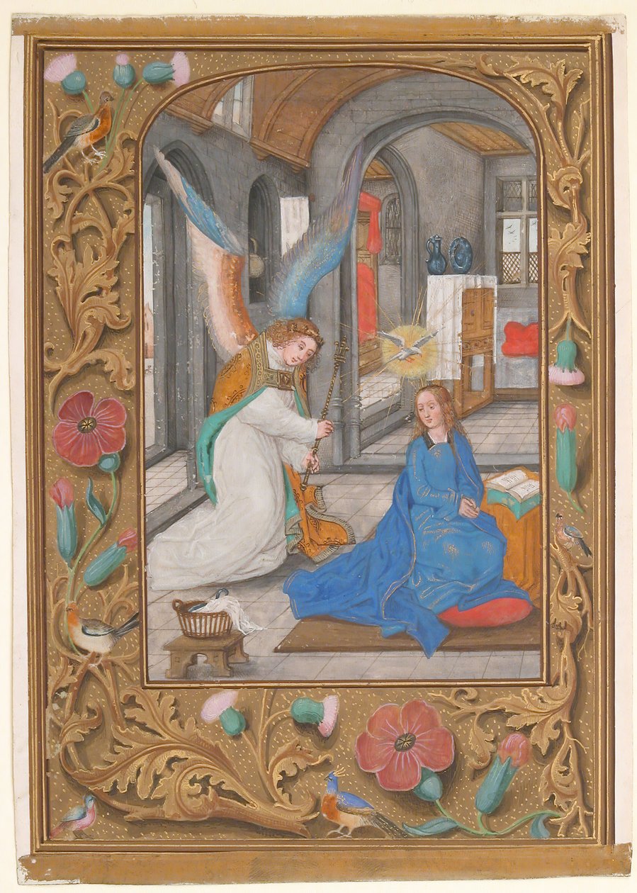 Manuskriptblatt mit der Verkündigung, aus einem Stundenbuch, ca. 1500-1525 von Unbekannt