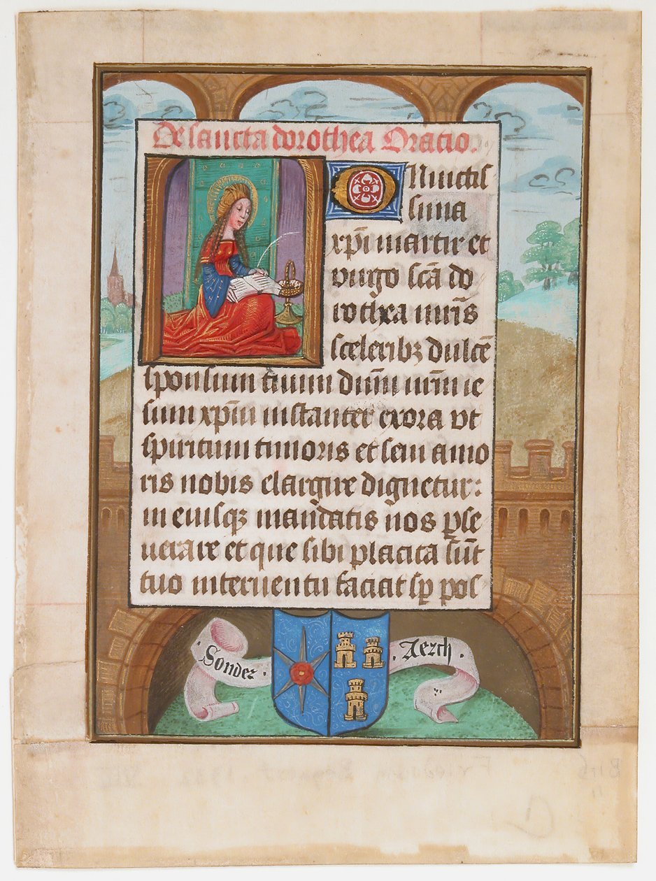 Manuskriptblatt mit der Heiligen Dorothea, aus einem Stundenbuch, ca. 1500 von Unbekannt