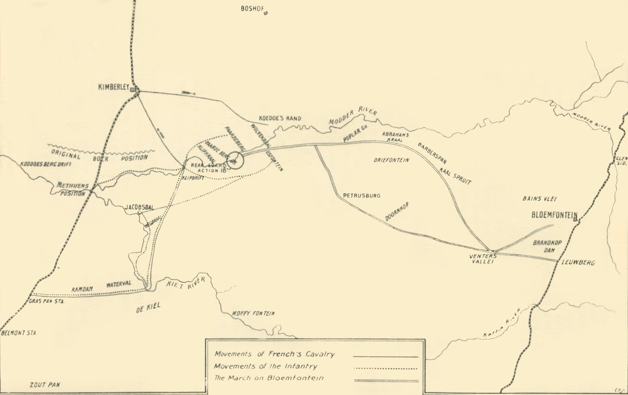 Karte zur Veranschaulichung der Bewegungen zur Entlastung von Kimberley und der Eroberung von Bloemfontein, 1901 von Unbekannt