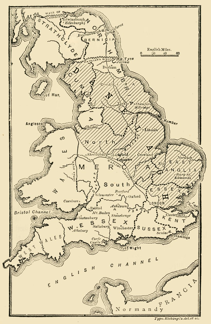 Karte von England, zeigt angelsächsische Königreiche und dänische Bezirke, 9. Jahrhundert von Unbekannt