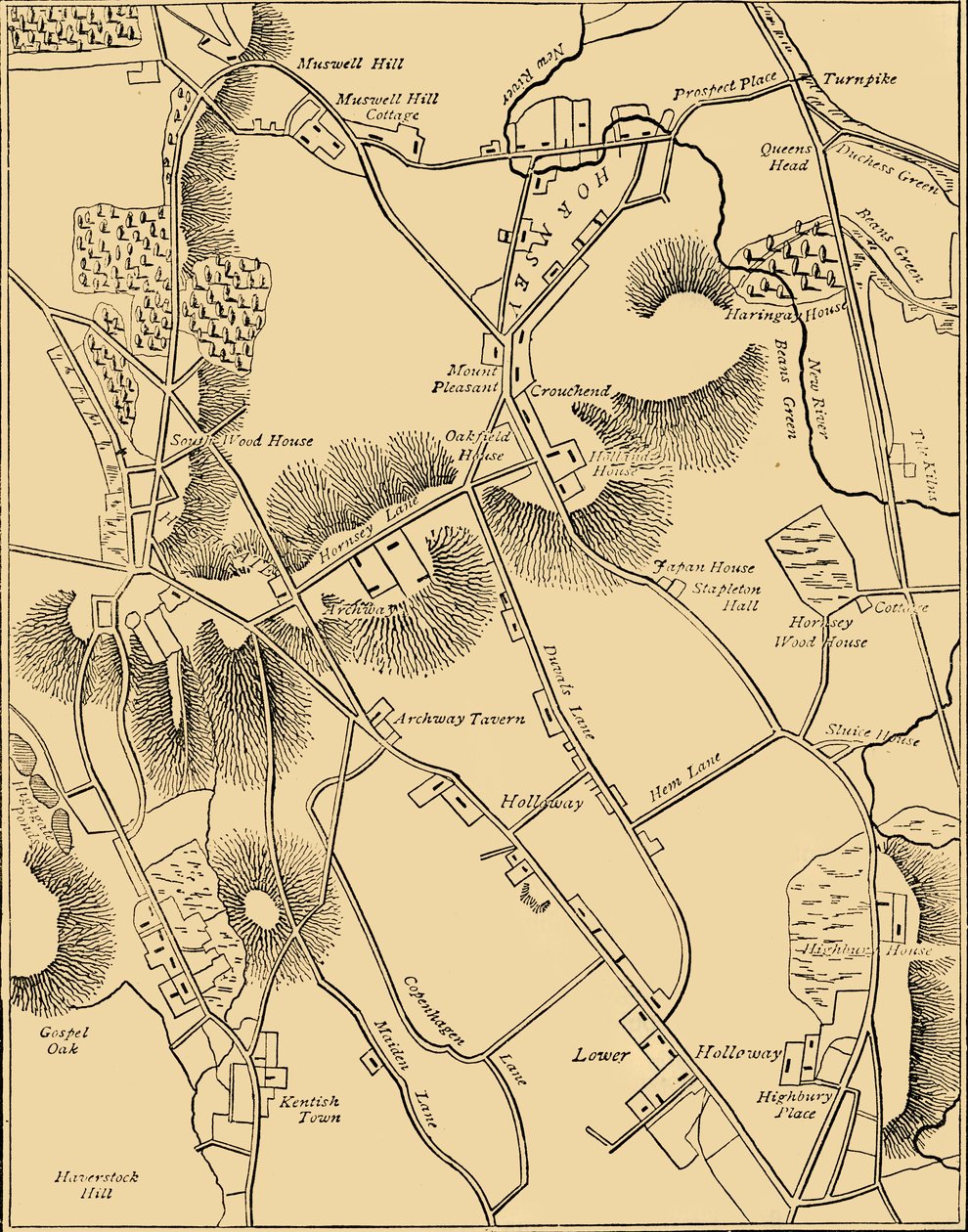 Karte von Hornsey und Umgebung im Jahr 1819, um 1876 von Unbekannt