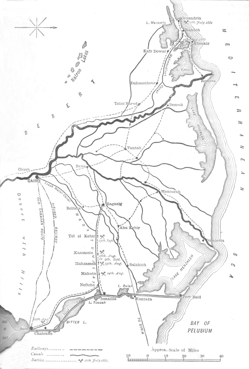 Karte des Nildeltas, strategische Punkte im ägyptischen Feldzug, 1882, ca. 1882-85 von Unbekannt