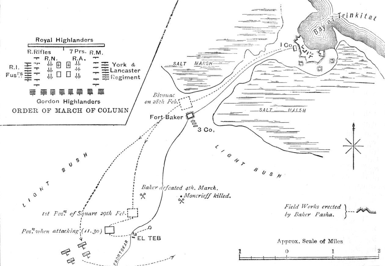 Karte des Marsches nach El Teb, 28.-29. Februar 1884, ca. 1881-85 von Unbekannt