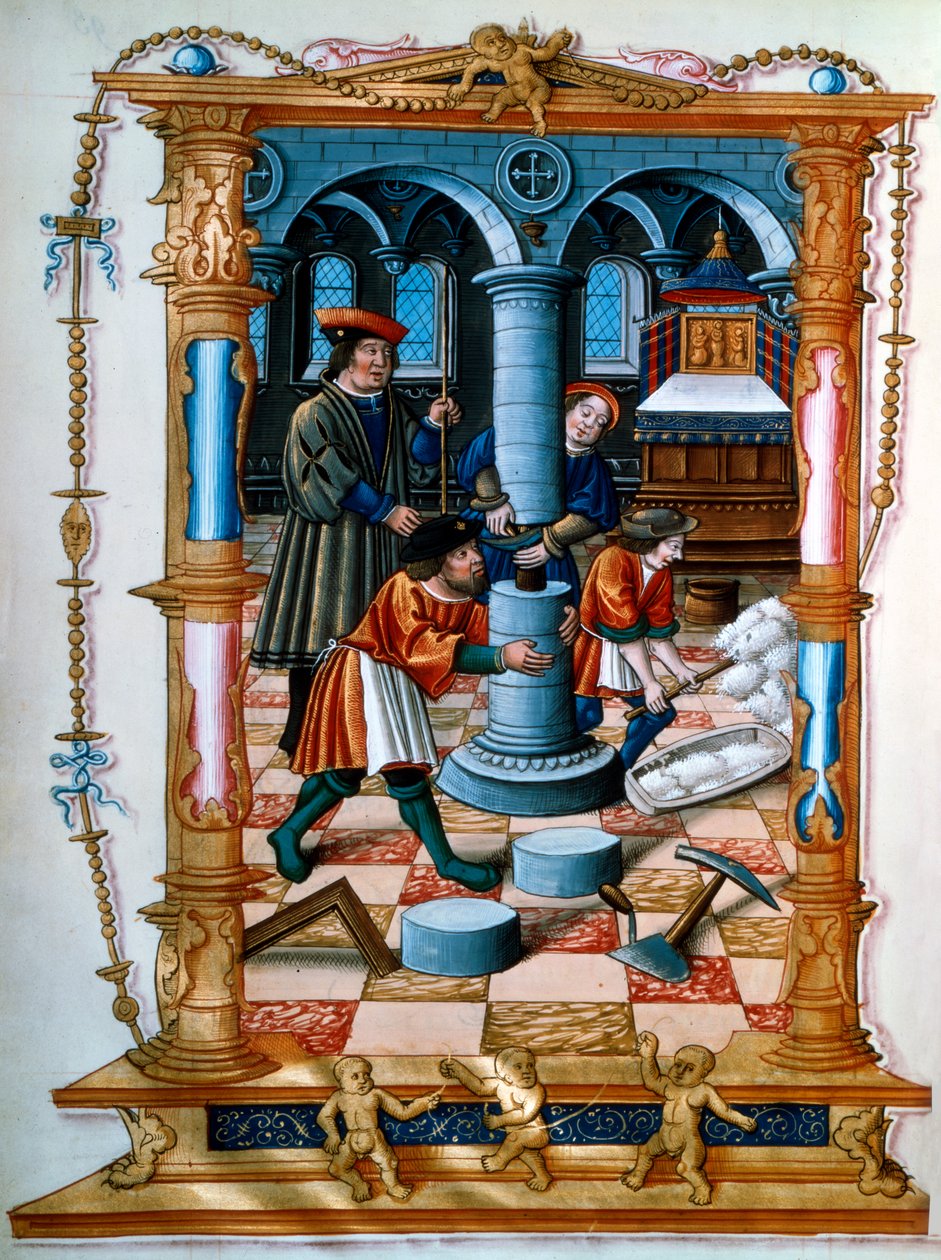 Maurer bauen eine Säule in einer Kirche, ca. 1525 von Unbekannt