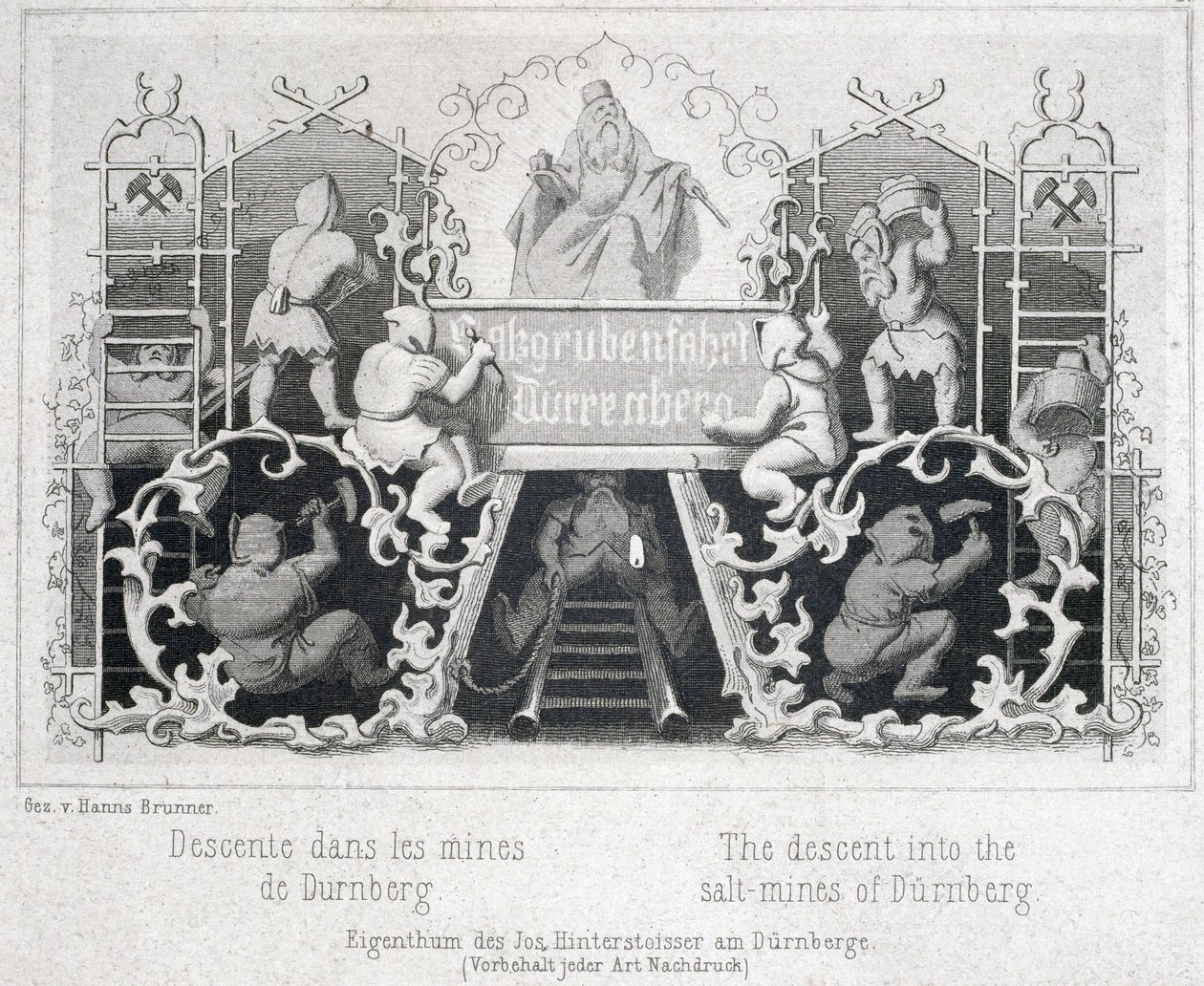 Salzmine: Abstieg in die Salzminen von Durrnberg, Österreich, um 1850 von Unbekannt