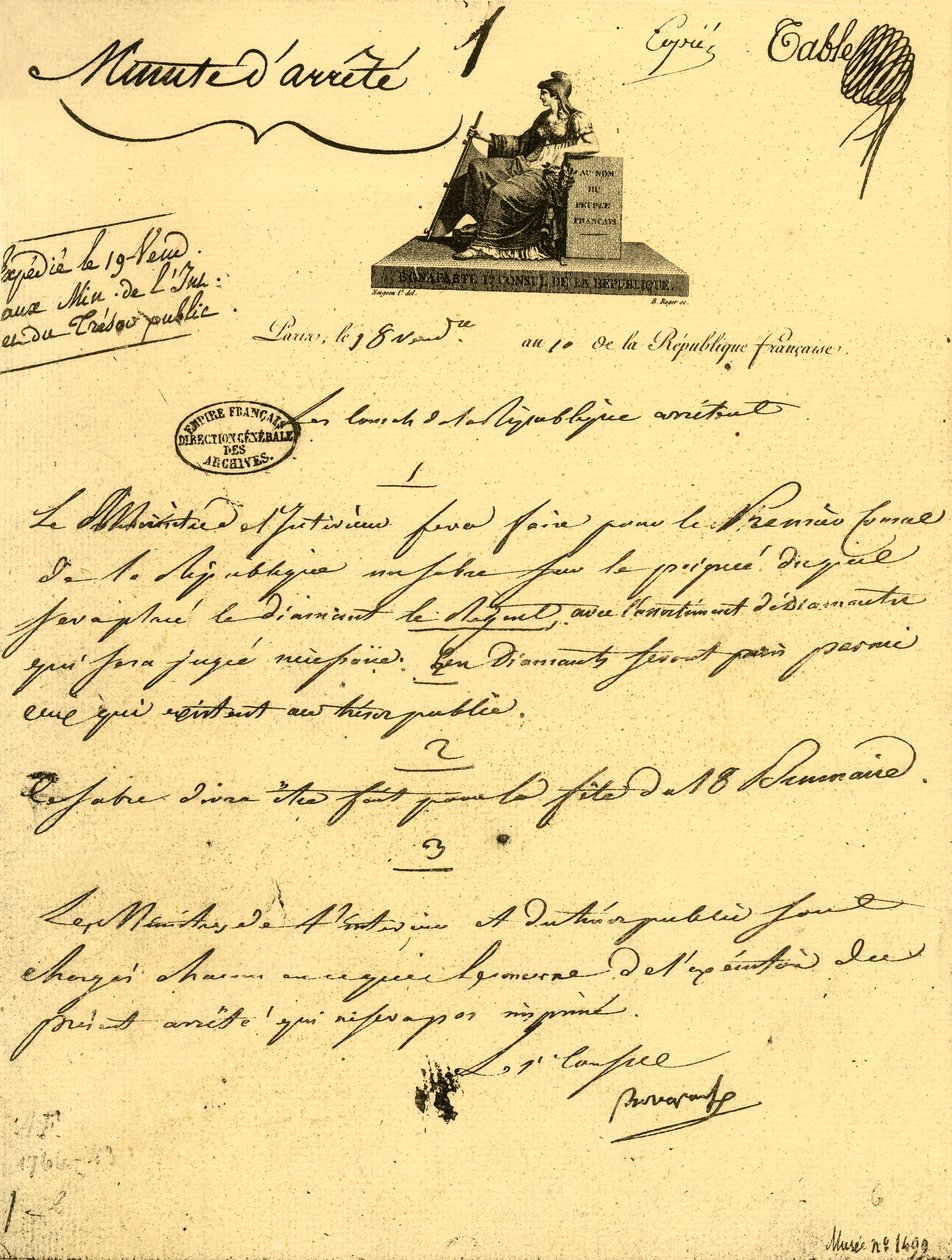 Ministerialerlass über...ein...Säbel für den Ersten Konsul, 10. Oktober 1801, 1921 von Unbekannt