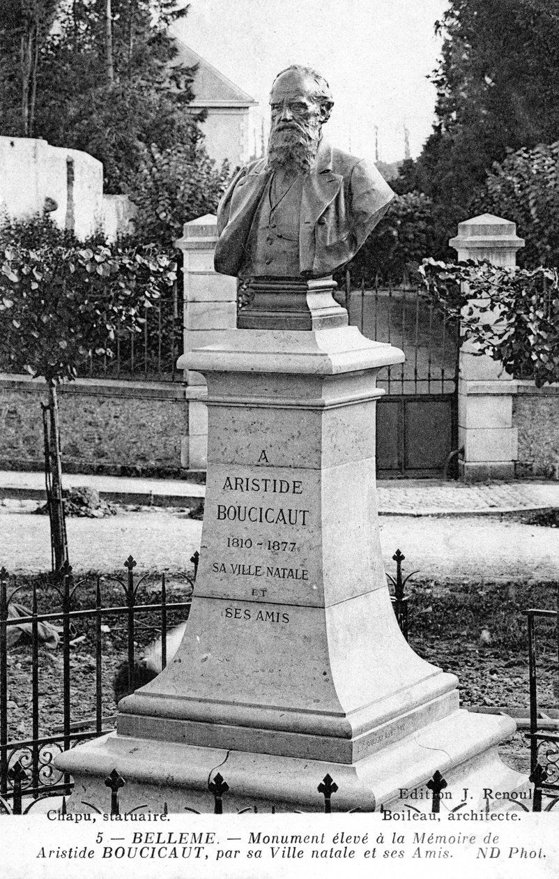 Denkmal für Aristide Boucicaut vor seinem Haus in seiner Heimatstadt Bellême, Frankreich (Lithografie) von Unbekannt